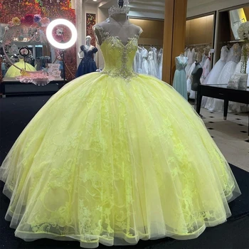 ANGELSBRIDEP Sarı Quinceanera Elbiseler Bayan Parti Korse Boncuk Kristaller Dantel Balo Pageant Mezuniyet Törenlerinde Artı Boyutu - Görüntü 1  