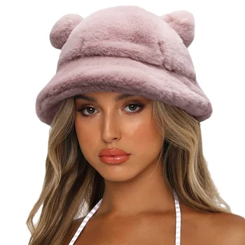 Moda Sonbahar Kış Kedi Kulak Kova Şapka Ayı Kulak Topu Peluş Balıkçı Şapka Yumuşak Sıcak Kalın Havza Şapka Koruma Kova Şapka - Görüntü 1  