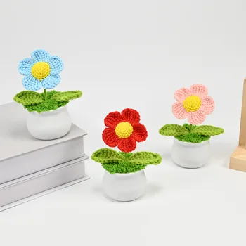 Tığ Afgan Çiçekler Saksı, Yapay Bitkiler Bonsai, El Örgüsü Onun İçin Hediyeler, Boho Ev masa süsü, Ofis Masaüstü Süslemeleri - Görüntü 1  