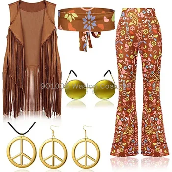 Hippi Disko 60s 70s Cosplay Kostüm Kadınlar Barış Aşk Kızlar Kalça Hint Püsküller Hippi Yelek Hırka Cadılar Bayramı Karnaval Parti - Görüntü 2  