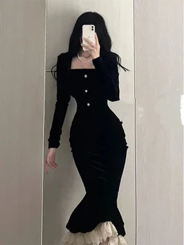 Fishtail Vestidos Zarif Vintage Kadife Siyah Bodycon Elbise Kadınlar Retro Dantel Wrap Akşam Parti Elbiseler İnce 2023 Yeni Bahar - Görüntü 1  