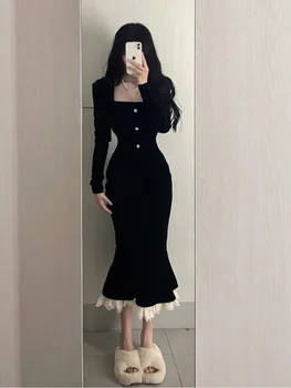 Fishtail Vestidos Zarif Vintage Kadife Siyah Bodycon Elbise Kadınlar Retro Dantel Wrap Akşam Parti Elbiseler İnce 2023 Yeni Bahar - Görüntü 2  