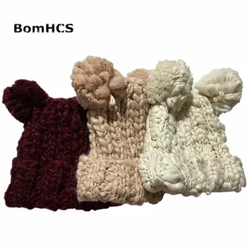 BomHCS Sevimli Büyük göbek İplikler Kış Bere Poms ile 100 % El Yapımı Örgü Şapka - Görüntü 1  