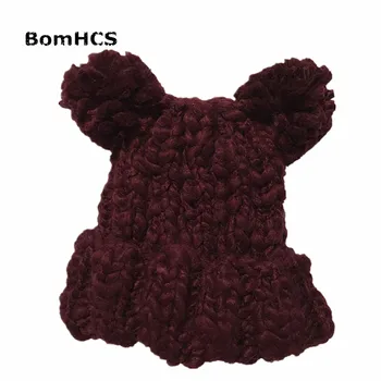 BomHCS Sevimli Büyük göbek İplikler Kış Bere Poms ile 100 % El Yapımı Örgü Şapka - Görüntü 2  