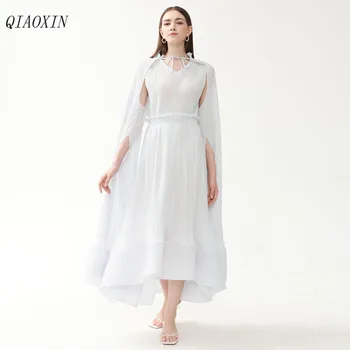 Zarif Parti Pilili uzun elbise Kadın Dantel-up Standı Yaka Parlama Kollu Tasarım Katı Elbiseler Moda 2024 Yeni - Görüntü 1  