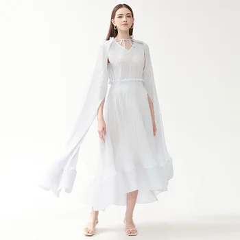 Zarif Parti Pilili uzun elbise Kadın Dantel-up Standı Yaka Parlama Kollu Tasarım Katı Elbiseler Moda 2024 Yeni - Görüntü 2  