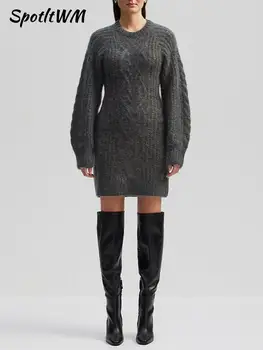 Zarif Katı O Boyun Mini Örme Elbise Kadın Moda İnce Uzun Kollu Kazak Elbiseler 2023 Sonbahar Kış Sokak Rahat Vestidos - Görüntü 1  