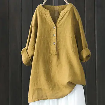 Pamuk Keten Kadın Gömlek Yaz Vintage Katı Renk Gömlek Uzun Kollu V Boyun Düğmeleri Yarım Placket Ince Rahat Gömlek Kazak Üst - Görüntü 1  