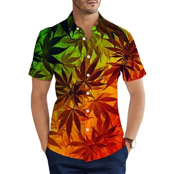 CLOOCL erkek Gömlek Renkli Ot Yaprakları 3D Baskılı Gömlek Yaz Kısa Kollu Tek Göğüslü Erkek Gömlek Moda Casual Tops - Görüntü 1  