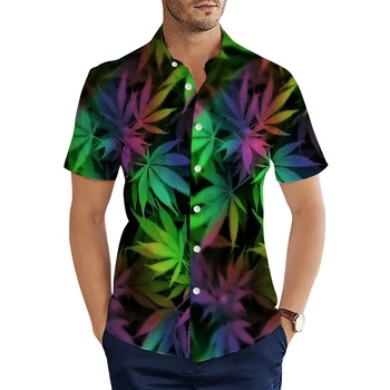 CLOOCL erkek Gömlek Renkli Ot Yaprakları 3D Baskılı Gömlek Yaz Kısa Kollu Tek Göğüslü Erkek Gömlek Moda Casual Tops - Görüntü 2  