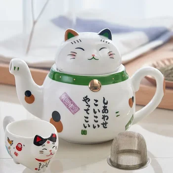 Sevimli Şanslı Kedi çay seti seti Karikatür Japon seramik saksı Bardak Ev Bir Pot İki Bardak Süzgeç Demlik Kedi Fincan - Görüntü 1  