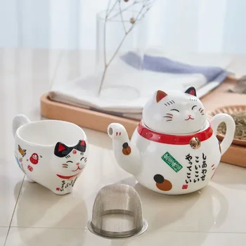Sevimli Şanslı Kedi çay seti seti Karikatür Japon seramik saksı Bardak Ev Bir Pot İki Bardak Süzgeç Demlik Kedi Fincan - Görüntü 2  