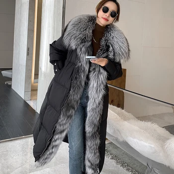 2023 Kış Kadın Uzun kaz tüyü dolgulu ceket Gerçek Tilki Yaka Sıcak Kalın Lüks Streetwear Kadın Moda Palto Giyim - Görüntü 1  