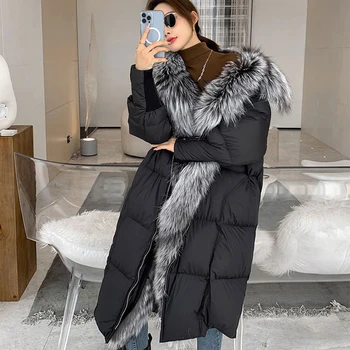 2023 Kış Kadın Uzun kaz tüyü dolgulu ceket Gerçek Tilki Yaka Sıcak Kalın Lüks Streetwear Kadın Moda Palto Giyim - Görüntü 2  