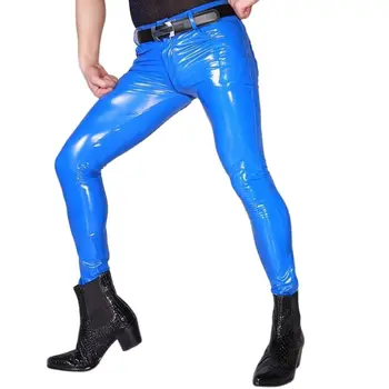 Seksi Erkekler Yüksek Elastik Mavi Lateks PVC Parlak kalem pantolon U Dışbükey Kese Sıkı Suni Deri Parlak Punk kalem pantolon Artı Boyutu F11 - Görüntü 1  