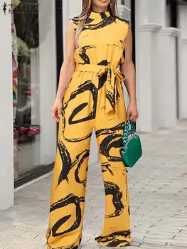 ZANZEA Balıkçı Yaka Dalgalanma Baskı Tulumlar Streetwear Moda Rahat Kravat Bel Tulum Geniş Bacak Pantolon Kolsuz Kadınlar Uzun Romper - Görüntü 1  