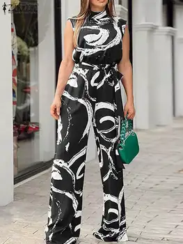 ZANZEA Balıkçı Yaka Dalgalanma Baskı Tulumlar Streetwear Moda Rahat Kravat Bel Tulum Geniş Bacak Pantolon Kolsuz Kadınlar Uzun Romper - Görüntü 2  