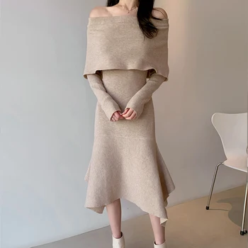 Haki Slash Yaka Yün Elbise Kadın Asimetrik Sonbahar Kış Seksi Uzun Kazak Elbiseler Şık Pist Tasarım Triko Bayan 2023 - Görüntü 1  