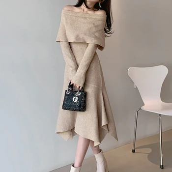 Haki Slash Yaka Yün Elbise Kadın Asimetrik Sonbahar Kış Seksi Uzun Kazak Elbiseler Şık Pist Tasarım Triko Bayan 2023 - Görüntü 2  