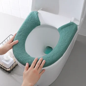 Tuvalet paspası Ev Örme Tuvalet Kapağı Kış Kalınlaşmış Peluş Tuvalet Kapağı Kadife Düğme ile Oturma Banyo - Görüntü 1  