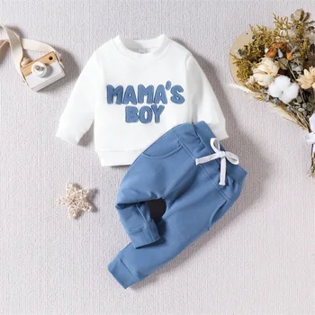 Toddler Erkek Bebek Giysileri Uzun Kollu Mektup Baskı Yuvarlak Boyun Kazak Üstleri ve Uzun Pantolon Setleri Kış Kıyafet - Görüntü 1  