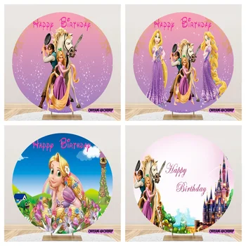 Disney Sevimli Çiçek Kale Prenses Tangled Rapunzel Daire Zemin Uzun Saç Kız Doğum Günü Partisi Yuvarlak Arka Plan Fotoğraf Kapakları - Görüntü 1  