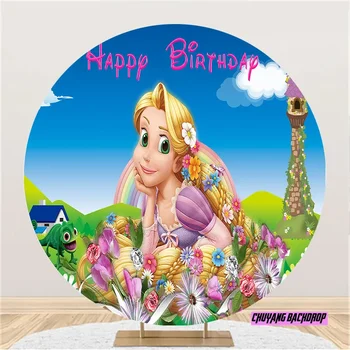 Disney Sevimli Çiçek Kale Prenses Tangled Rapunzel Daire Zemin Uzun Saç Kız Doğum Günü Partisi Yuvarlak Arka Plan Fotoğraf Kapakları - Görüntü 2  