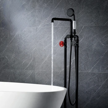 Tüm bakır küvet kenar banyo duş musluk siyah retro endüstriyel tarzı zemin seti - Görüntü 1  