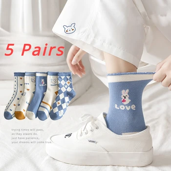 5 Pairs Pamuk spor çorapları Kadın Karikatür Tavşan Sevimli Çorap yüksek kaliteli yay Sonbahar Kısa Ekip Çorap Kawaii Okul Kızlar - Görüntü 1  