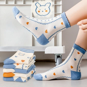 5 Pairs Pamuk spor çorapları Kadın Karikatür Tavşan Sevimli Çorap yüksek kaliteli yay Sonbahar Kısa Ekip Çorap Kawaii Okul Kızlar - Görüntü 2  