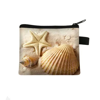Okyanus Plaj bozuk para cüzdanı Bayanlar Eğlence Alışveriş Bozuk para Çantası Denizyıldızı Kabuklu 3D Baskı Cüzdan KIMLIK Kredi kart çantası Kız Sikke Durumda - Görüntü 2  
