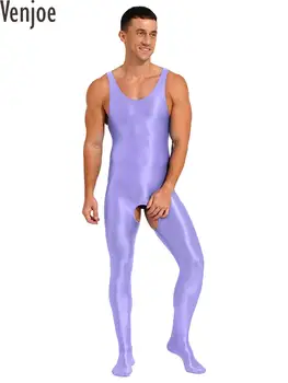 Erkek İç Çamaşırı Parlak Açık Crotch Tam Vücut Bodysuit Pürüzsüz Sıkı Kolsuz Crotchless Ayaklı Tulum İç Çamaşırı Kıyafeti - Görüntü 1  