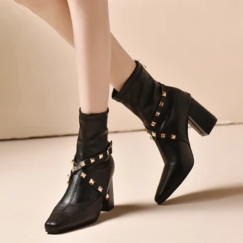 Kadın ayakkabısı 2023 Sıcak Satış Geri Zip bayan Botları Moda Perçin Ofis ve Kariyer Yeni Kare Ayak Kemer Tokası bileğe kadar Botzapatos - Görüntü 2  