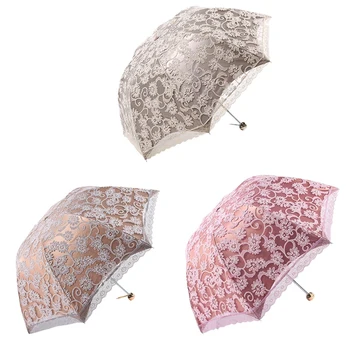 Bayanlar Dantel Şemsiye Şemsiye UV Koruma Güneş Gölge UPF 50 + Hafif Katlanır Şemsiye Gri - Görüntü 1  
