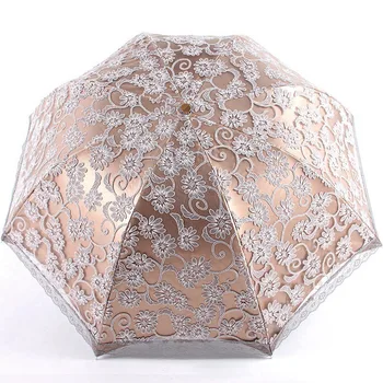 Bayanlar Dantel Şemsiye Şemsiye UV Koruma Güneş Gölge UPF 50 + Hafif Katlanır Şemsiye Gri - Görüntü 2  