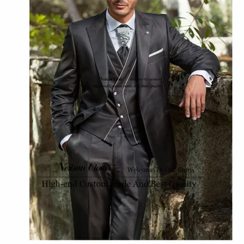 Yeni Resmi Doruğa Yaka Erkek Balo Blazers Siyah Damat Düğün Smokin 3 Parça Setleri Erkek Takım Elbise Slim Fit İş Kostüm Homme - Görüntü 1  