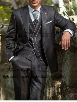 Yeni Resmi Doruğa Yaka Erkek Balo Blazers Siyah Damat Düğün Smokin 3 Parça Setleri Erkek Takım Elbise Slim Fit İş Kostüm Homme - Görüntü 2  