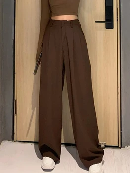 2024New Retro Katı ColorStraight Geniş Bacak Pantolon Kadın Bahar Yeni Moda Yüksek Bel Rahat Uzun pantolon - Görüntü 1  