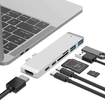 USB Tip C Hub Adaptörü 7 in 1 Çift USB Tip C Dock MacBook Pro için 4K HDMI Uyumlu USB C USB3. 0 SD / microSD kart okuyucu - Görüntü 2  