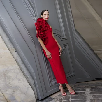 Çiçek Gül Parti Elbiseler Kırmızı Kılıf Balo Abiye Kapalı Omuz Yeni Tasarım Kadın Elbise Sıkı Uzun Balo Abiye Geri Bölünmüş 2024 - Görüntü 1  
