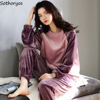 O-Boyun Kış Mercan Kadife Pijama Setleri Kadınlar Sıcak Kalın Basit Kıyafeti Elastik Bel Paketi Pantolon Uzun Kollu Üstleri Salonu - Görüntü 1  