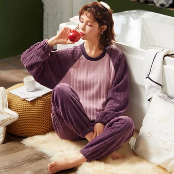 O-Boyun Kış Mercan Kadife Pijama Setleri Kadınlar Sıcak Kalın Basit Kıyafeti Elastik Bel Paketi Pantolon Uzun Kollu Üstleri Salonu - Görüntü 2  