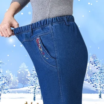 Kış Peluş Kadife Astarlı Kot Düz Kot Pantolon Anne Yüksek Bel İşlemeli Baggy Klasik Stil Vintage Kalınlaşmak Sıcak Kot W26 - Görüntü 2  