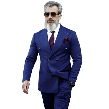 Mavi Kruvaze Erkek Takım Elbise Ceket Klasik Fit 2 Parça / Katı Kostüm Homme Custom Made Düğün Damat Resmi Homme Moda Seti - Görüntü 1  
