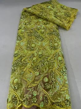 Altın Pullu Boncuklu nakış dantel Kumaş Zarif fransız file dantel boncuklu kumaş Nijeryalı Sequins Dantel Kumaşlar - Görüntü 1  