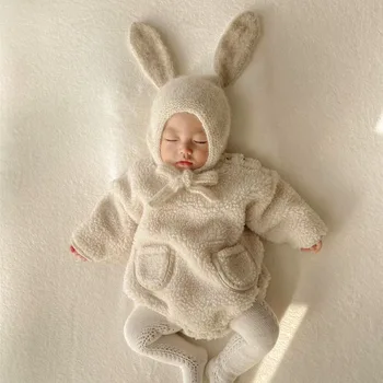 Bebek Erkek Kadife Ceket Romper 2023 Yeni Kış Bebek Yürüyor Kız Sevimli Tavşan Tulumlar Sıcak Dış Giyim - Görüntü 1  