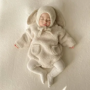 Bebek Erkek Kadife Ceket Romper 2023 Yeni Kış Bebek Yürüyor Kız Sevimli Tavşan Tulumlar Sıcak Dış Giyim - Görüntü 2  