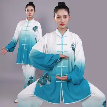 2024 tai chi üniforma wushu kung fu seti ulusal degrade renk çiçek baskı taijiquan uygulama dövüş sanatları kanat chun tops + pantolon - Görüntü 1  