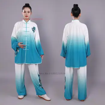 2024 tai chi üniforma wushu kung fu seti ulusal degrade renk çiçek baskı taijiquan uygulama dövüş sanatları kanat chun tops + pantolon - Görüntü 2  