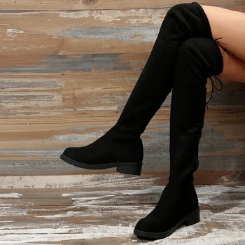 2023 Sonbahar Ayakkabı Kadın Geri Dantel-up Over-the-Diz bayan Botları Düşük Topuklu Ayakkabılar Bayanlar Artı Boyutu Modern Bayan Botları - Görüntü 2  